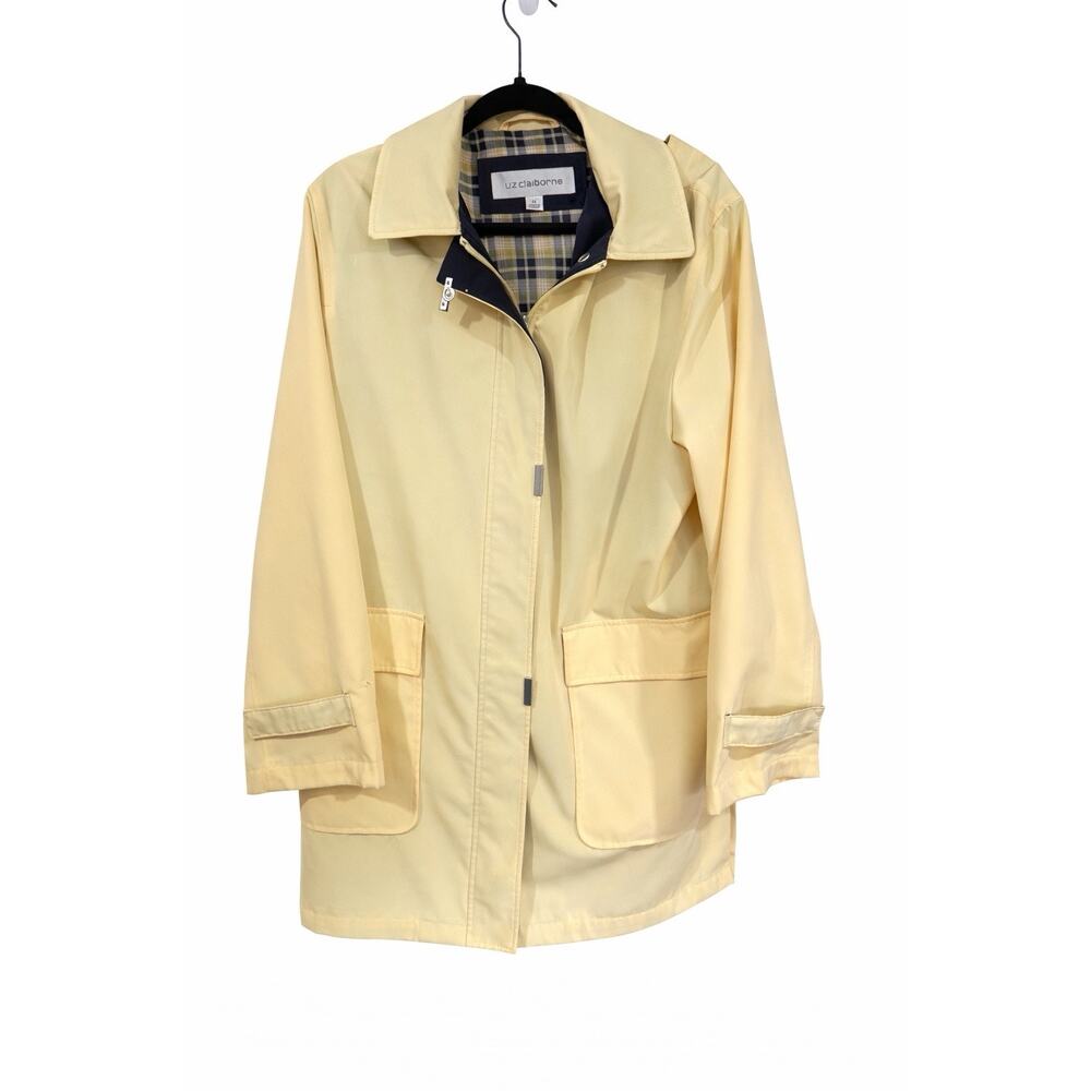 Liz Claiborne‎ Raincoat Womens Med Butter Yellow Preppy Utility Plaid Lined Coat